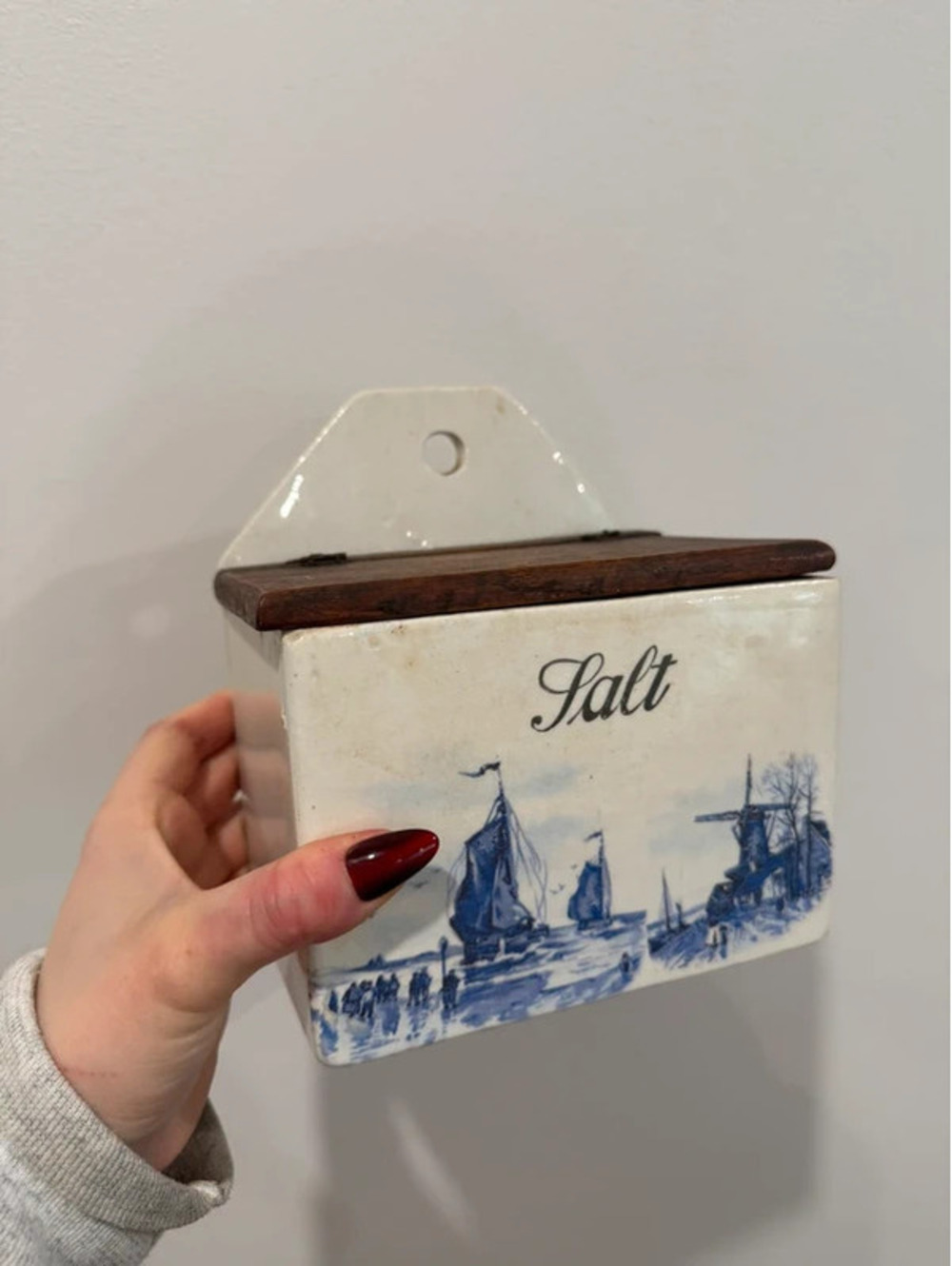 Vintage Delft Style Blue & White Ceramic Wall Salt Box